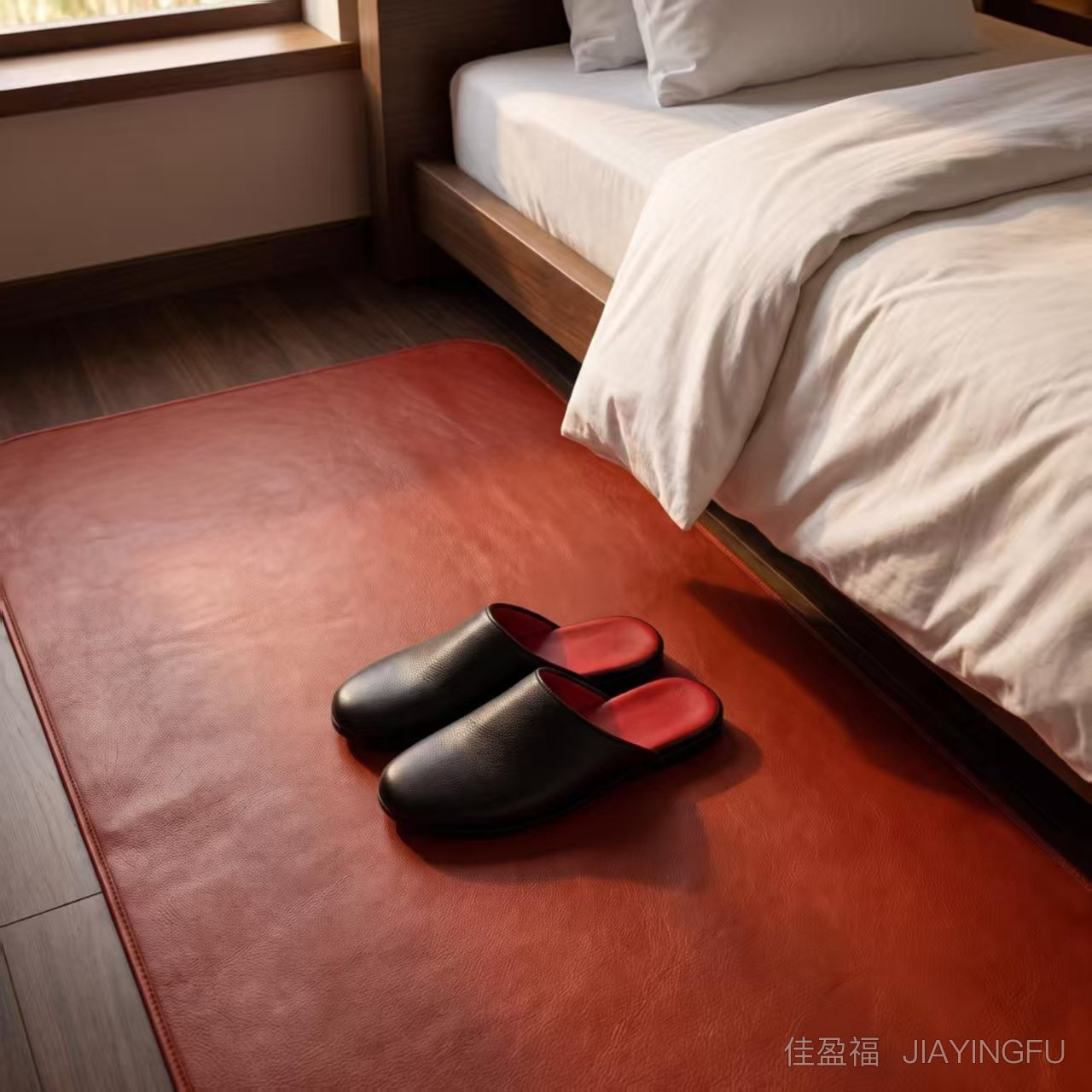 Cowhide rug with leather slippers